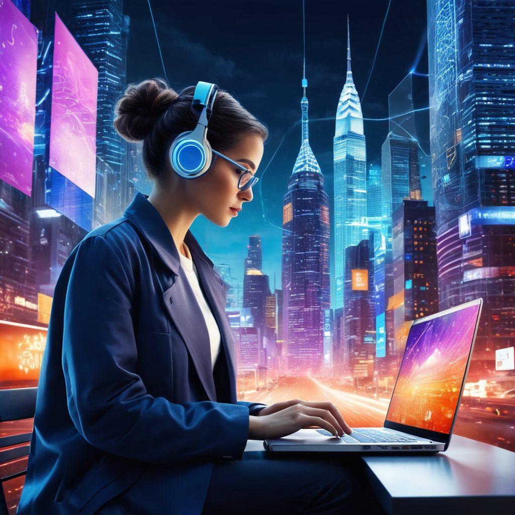 A dynamic collage depicting futuristic technology trends like AI, cloud computing, and digital solutions represented through abstract shapes and symbols. Include a vibrant blogger, working at a sleek laptop, surrounded by glowing icons of innovation. Capture a blend of urban elements to signify the modern blogging landscape, with a bright, inspiring color palette. super-realistic. vibrant colors. digital art.