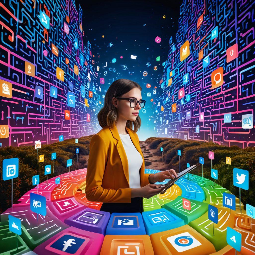 A futuristic landscape of a blogger navigating through a digital maze of technology, with colorful icons representing social media, analytics, and content creation surrounding them. The scene is vibrant and engaging, showcasing a blend of traditional blogging elements and modern tech innovations. A soft glow from digital screens illuminates the blogger's focused expression as they explore new tools. surrealistic. vibrant colors. 3D.