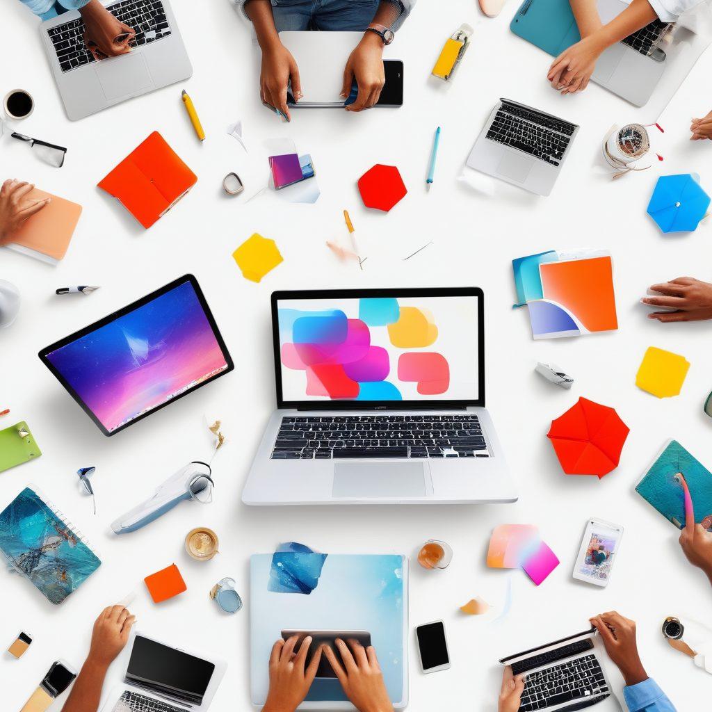 A vibrant and dynamic collage depicting diverse digital tools like laptops, tablets, and smartphones, surrounded by bursts of colorful ideas and creative content streams. Visual representations of content flows merge into impactful visuals, symbolizing the journey from concepts to execution. Include diverse people collaboratively brainstorming and innovating. super-realistic. vibrant colors. white background.